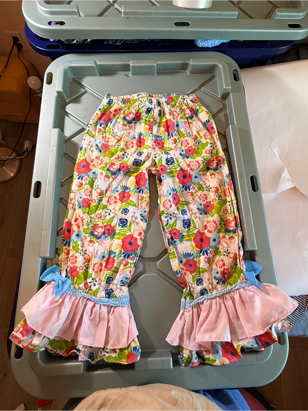 RuffleButts vintage Floral Ruffle Pajama Pants - Pink Blue Green
